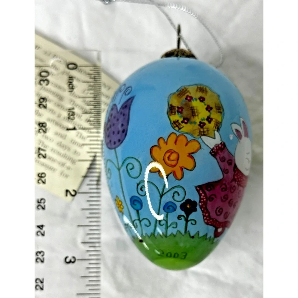 Pier 1 Li Bien Egg Glass Hanging Ornament Bunny Rabbit 2003 Hand Painted